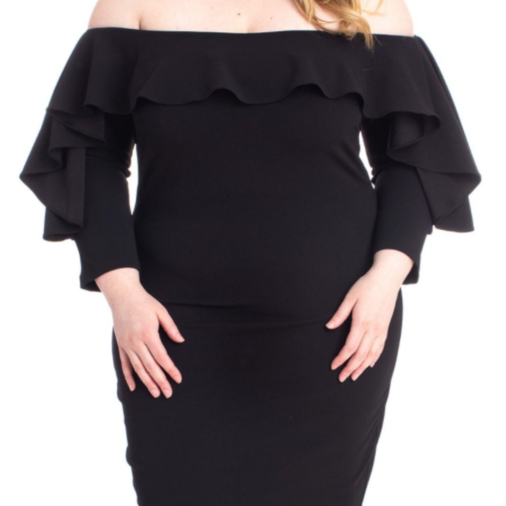 Black Ruffle Off Shoulder Bodycon Dress - Picture 2 of 6